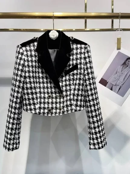 Vintage plaid patchwork contrasting velvet women's short suit jacket classic casual party elegant autumn new women's jacket