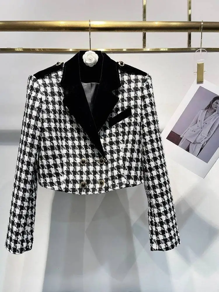 kf-S58ab5b16b5e643a6a6745305ea7e5b75p Vintage plaid patchwork contrasting velvet women's short suit jacket classic casual party elegant autumn new women's jacket - Image 1