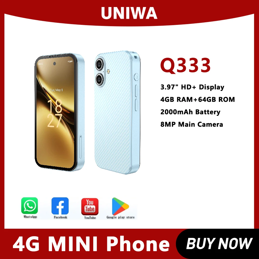 kf-S58d574307a824bb9bafdf794c4af68d0d UNIWA 4G Mini Smartphone Q333 3.97inch HD 4GB RAM 64GB ROM Mobile Phones BT5.0 Google Play Store 2000mAh Face ID Small Phone - Image 1