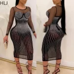 HLJ Sexy Mesh See Though Long Dress Women Long Sleeve Rhinestones Patchwork Bodycon Dress Female Nightclub Wear Vestidos 2025