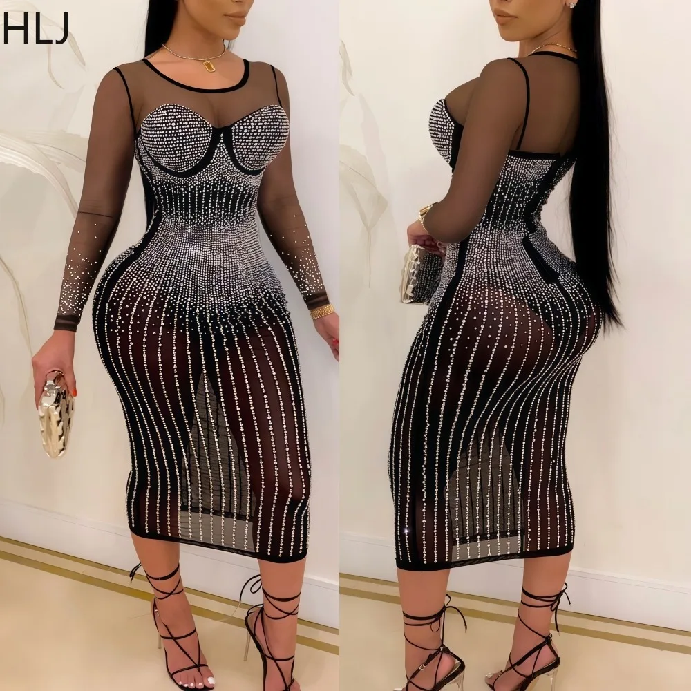 kf-S5960391a8e4d4500b52082ccb162de9ft HLJ Sexy Mesh See Though Long Dress Women Long Sleeve Rhinestones Patchwork Bodycon Dress Female Nightclub Wear Vestidos 2025 - Image 1