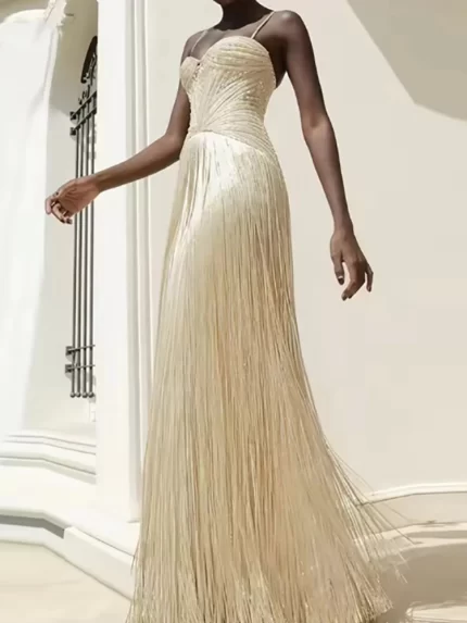 Sexy Wrap Chest Sleeveless Hollow Tassel Dress Fashion Backless Slim Fit Evening Gown Shiny Sequined High Waist Women Long Dress