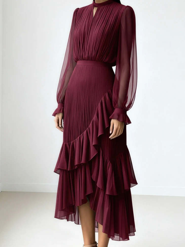 kf-S59be07cc5d4a4a58b812284a4a4a7d8eF Casual O-neck Ruffles High Waist Evening Dress Temperament Solid Color Lantern Sleeve Lady Dress Elegant Hollow Out Party Dress - Image 1