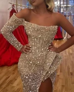 Elegant Women's Dresses 2022 Summer Fashion Sexy One Shoulder Long Sleeve Sequined Slit Maxi Evening Dress - Image 3