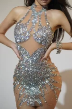 Sparkly Rhinestone Mini Dress Sexy Sleeveless Mesh See Through Evening Party Dresses Celebrate Birthday Stage Performa Costume - Image 2