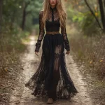 Spring Autumn Chic Long Sleeve O-Neck Prom Dress Retro Black Sexy Zipper Long Dress Women's Lace Jacquard Hollow out Party Dress - Image 2