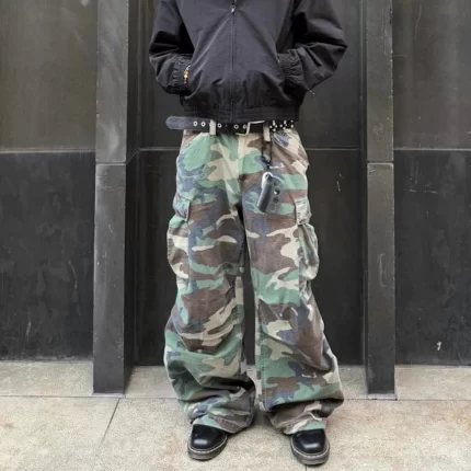 High Street Knee Pleated Pockets Camouflage Cargo Pants for Men Straight Patchwork Loose Overalls Oversized Trousers