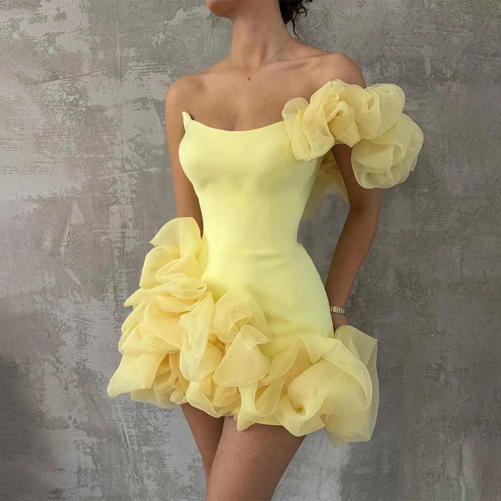 kf-S5d622e617dfe4d7aa71c80e156360fa1H Mini Homecoming Dresses Yellow Off the Shoulder 3D Flowers Women's Cocktail Party Gowns Short Sleeveless Birthday Dress 2024 - Image 1