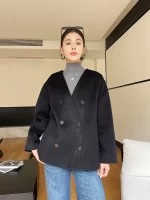Women 100 Wool Tops Coat Fashion V-neck Short Coats Woolen Jacket Hand Sewing Autumn Winter Wool Blazer Double-Breasted #22 - Image 5