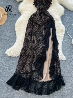 SINGREINY Sexy Lace High Slit Dress Ladies Trendy Sensual Deep V Neck Ruffles Lace Up Halter Backless Luxury Party Maxi Dresses - Image 5