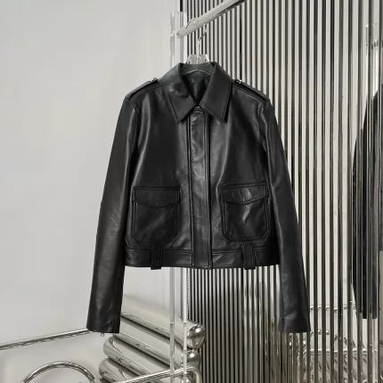 Winter new women's clothing black sheepskin jacket elegant lapel zipper double pocket long sleeved women's leather jacket