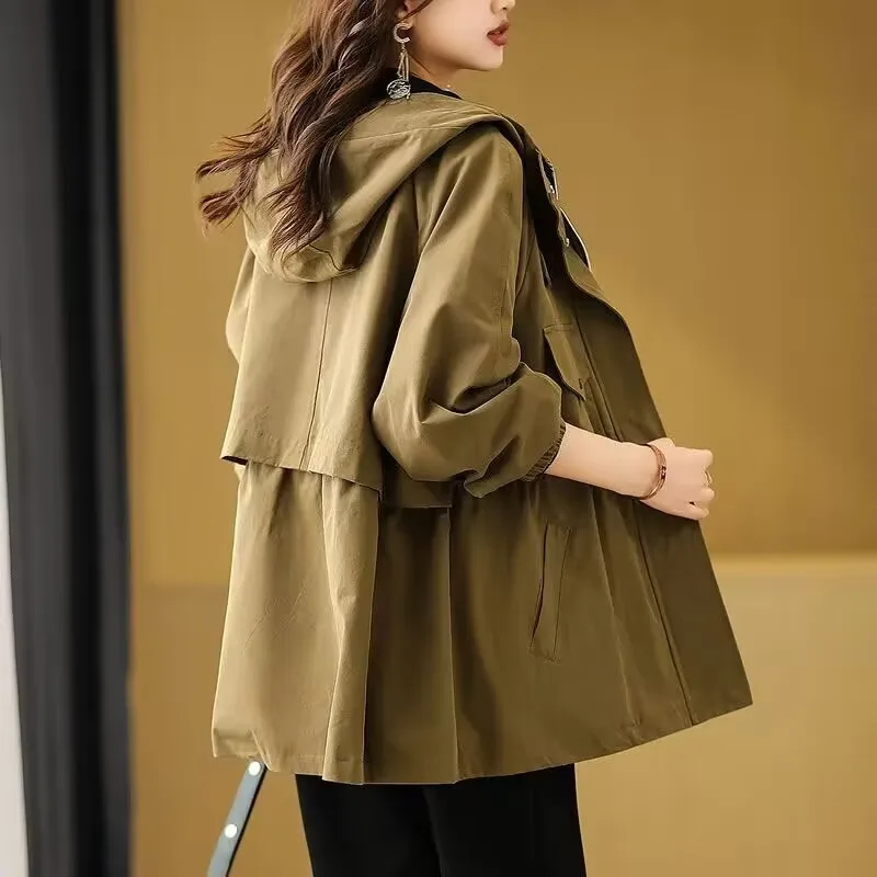 kf-S5f81f449b4e540ce89b05f4e53360d63S Women Mid Length Version Windbreaker Jacket Korean Ladies Hooded Trench Tops Coat Femal Large Size 4XL Drawstring Lined Outwear - Image 1