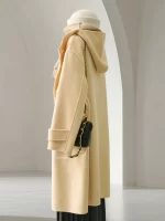 Women Long Wool Blend Coat with Hood Loose Fit Cream Duffle Coat Winter Warm Overcoat for Casual & Daily Wear - Image 2