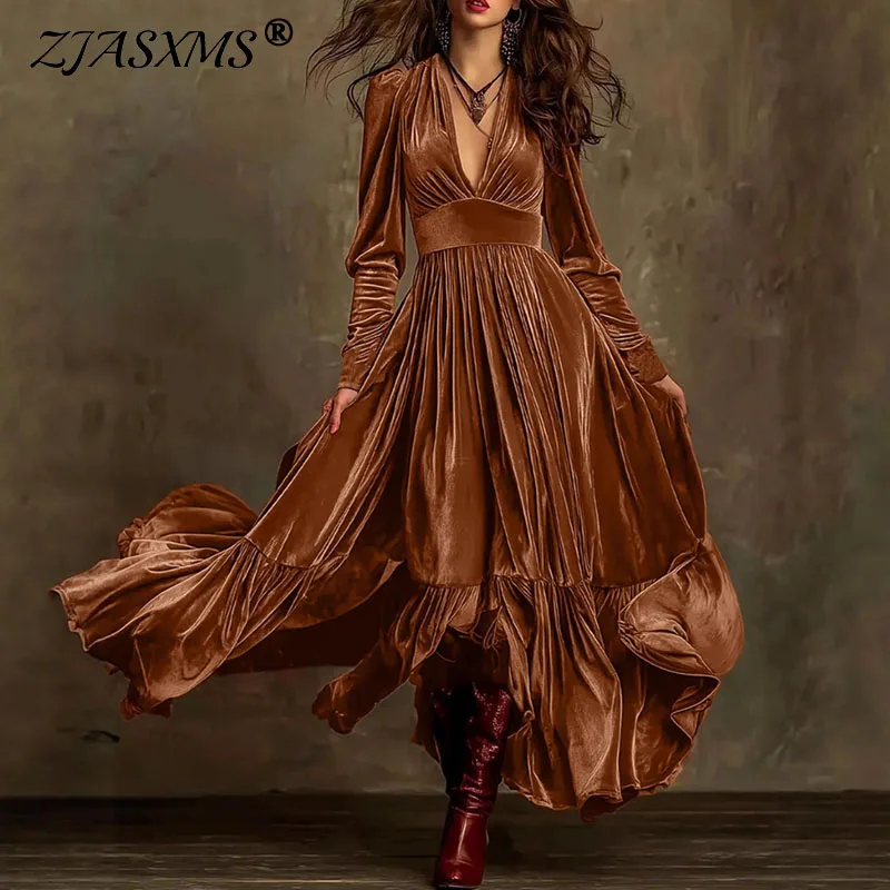 kf-S5fd5d3ea31404094bd2ca2d3820bda30s New Retro Solid High Waist Pleated Velvet Dress Woman Sexy Deep V Neck Swing Long Dress Fall Winter Long Sleeve Loose Maxi Dress - Image 1