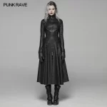 PUNK RAVE Women's Dark Punk Front Zipper Stand Collar Maxi Overcoat Goth Stage Performance Cosplay Womens Trench Long Coats