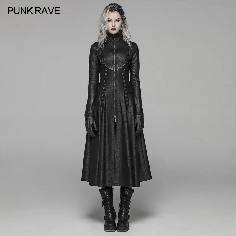kf-S6026d774afa145c78695653be4079edb4 PUNK RAVE Women's Dark Punk Front Zipper Stand Collar Maxi Overcoat Goth Stage Performance Cosplay Womens Trench Long Coats - Image 1