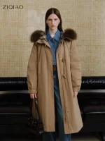 ZIQIAO LightWarm Petite Women's Retro Hooded Long Faux Fur Collar Parka Down Jacket 2025 Winter New Arrival Long Two Color Coat
