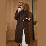 Women's Retro Maillard Color Wool Blend Hooded Coat Women Winter Mid Long Drawstring Trench Coat A Chic And Elegant Outerwear - Image 3