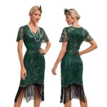Women’s Flapper Dresses Set 1920s V Neck Beaded Fringed Great Gatsby Dress Semi-Sheer Lace Sleeve Lady Cocktail Party Dress - Image 3