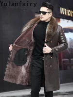 YOLANFAIRY Natural Wool Fur Coat Man Winter Mid-length Luxury Genuine Sheepskin Leather Jacket Men Raccoon Fur Collar Fur Coats - Image 3