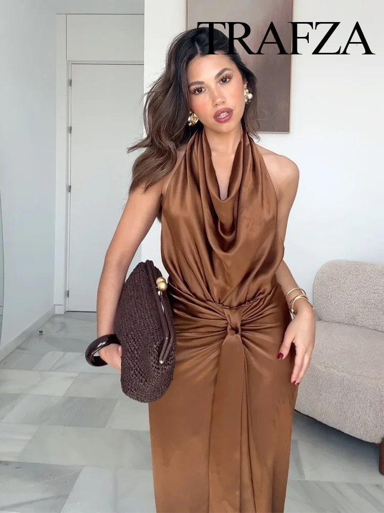 kf-S64fb3f800213401ea6c582e32ee18d5c9 HH Women 2025 New Slim Satin Texture Solid Sleeveless Midi Dress Female Spring Hanging Neck Collar Hollow Out Long Dress - Image 1