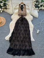 SINGREINY Sexy Lace High Slit Dress Ladies Trendy Sensual Deep V Neck Ruffles Lace Up Halter Backless Luxury Party Maxi Dresses - Image 2