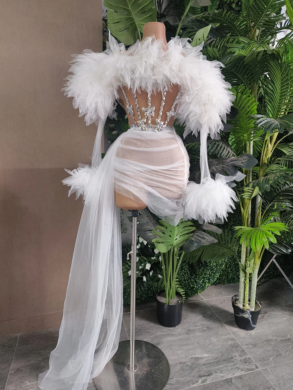 kf-S66324b100a4e4808990e13c6a66d9e6fE White Purple Women Sexy Strapless Mesh Ruffles 2 Pieces Bodycon Mini Dress See Through Celebrate Nightclub Party Birthday Wear - Image 1