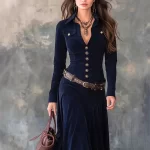 Autumn Winter Solid Soft Velvet Long Dress Woman Elegant Turn-down Collar Button Party Dresses Femme Long Sleeve Slim Maxi Dress - Image 2