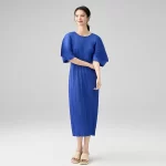 Miyake Pleated Solid Color Dress 2025 Summer New Premium Feeling Round Neck Loose Fashion Comfortable Casual Long Dresses - Image 2