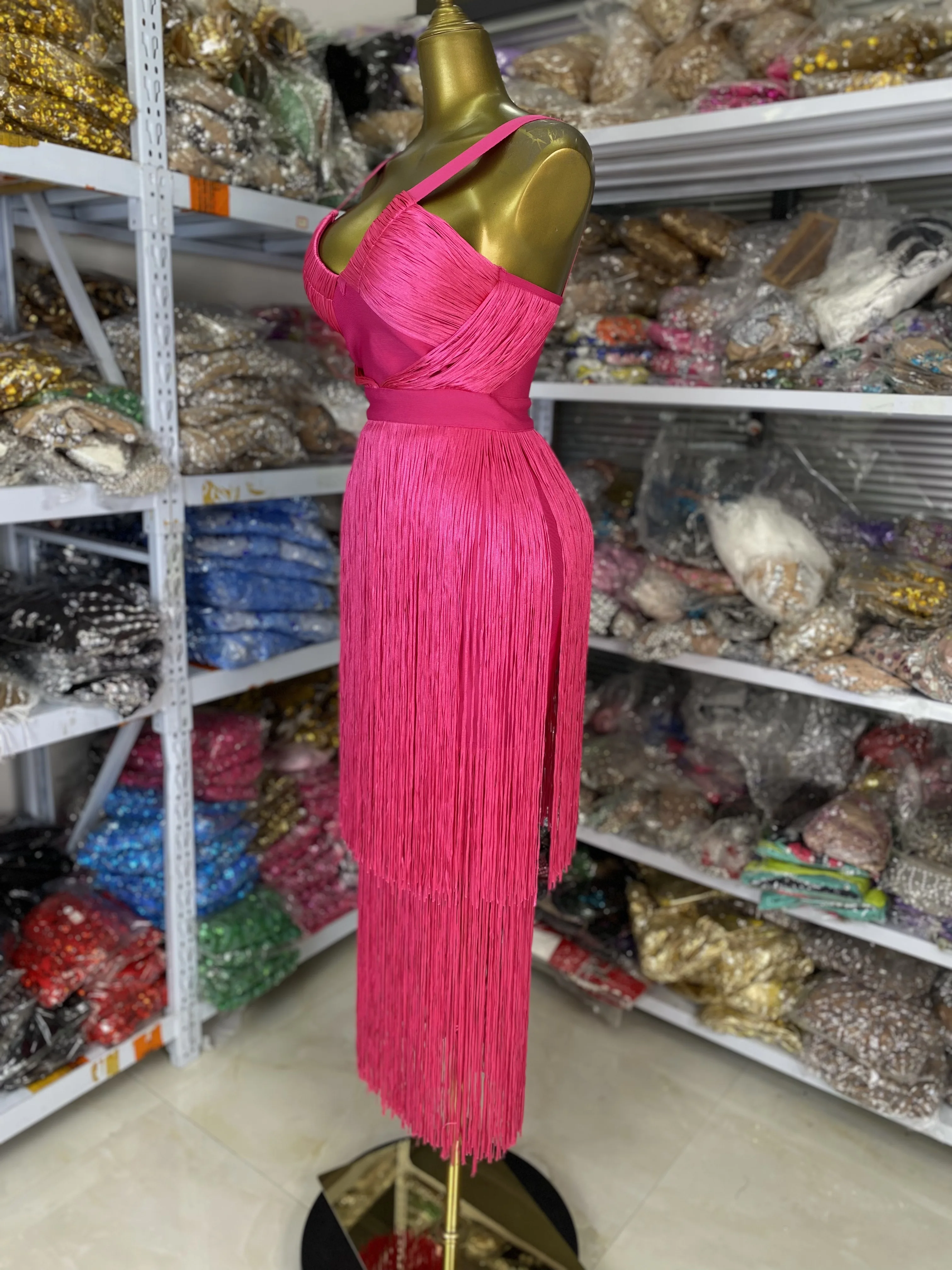 kf-S69c0edda86b04ef9bdc494daafa86578W Factory Sale Women New Hot Pink Fringed Bandage Dress V Neck Midi Long Elastic Celebrity Evening Club Party One Piece Gala Dress - Image 1