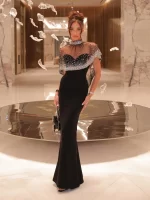 Elegant Black Evening Gown with Sheer Beaded Cape High-Neck Formal Maxi Dress for Women Rhinestone - Embellished Party Dresses