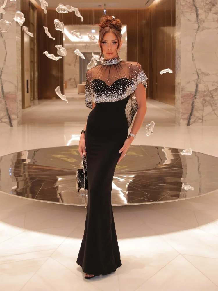kf-S69ef95f7319f4d6781e0a44f67afb07bK Elegant Black Evening Gown with Sheer Beaded Cape High-Neck Formal Maxi Dress for Women Rhinestone - Embellished Party Dresses - Image 1