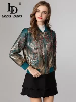 LD LINDA DELL 2025 autumn new cotton fabric nail bead hot stamping casual long sleeved women's fashionable short jacket - Image 2