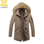 COMXZ 2025 Men Cotton Coat Winter Luxury Designer Detachable Lined Wool Collar Jacket Korean Mid-long Warm Wool Blended Overcoat
