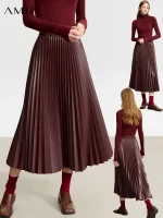 AMII Minimalist Retro Fashion Women Skirts 2024 Winter New A-line Pleated PU Simple Office Lady Leather Skirt Female 12323021 - Image 4