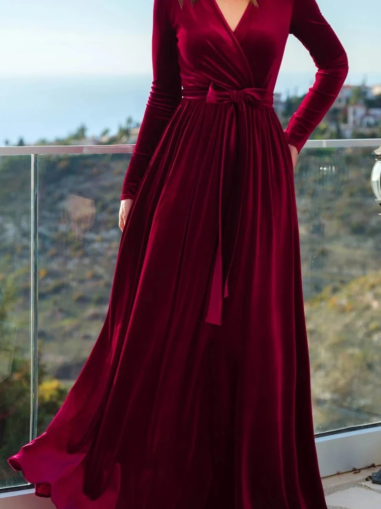 kf-S6c8b1d34a92c428796fff9072420ab431 Elegant V-neck Long Sleeve Velvet Dress Women's Casual Hight Waist Solid Long Dress Fashion Lace-Up Draped Party Dress Vestidos - Image 1