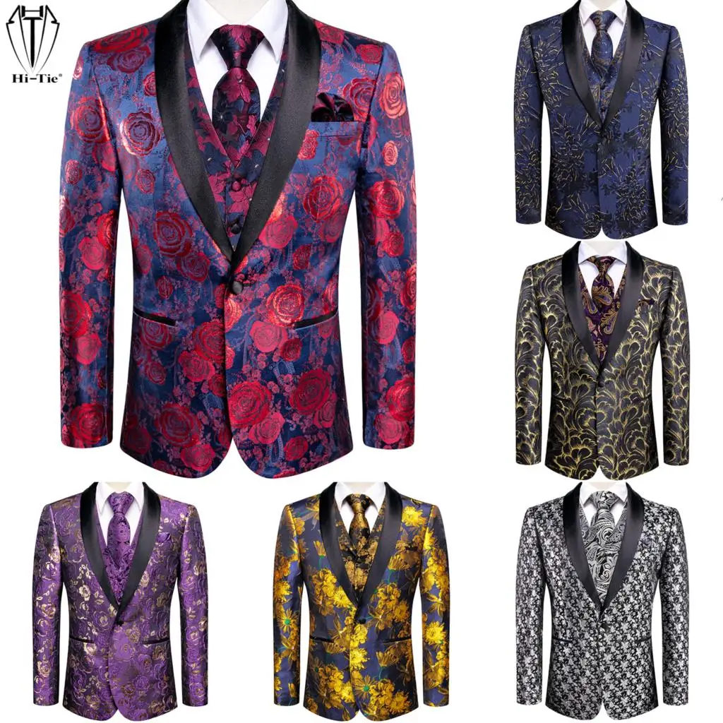 kf-S6cecb6e8ec11468486a404a2f59fa0e9H Hi-Tie Jacquard Floral Mens Suit Vest Shawl Lapel Tuxedo Blazers Sleeveless Jacket WaistcoatTie Hanky Cufflinks Wedding Business - Image 1