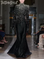 TWOTWINSTYLE Solid Slimming Fashion Midi Dresses for Women High Neck Long Sleeves Patchwork Diamonds Elegant Dress Female New