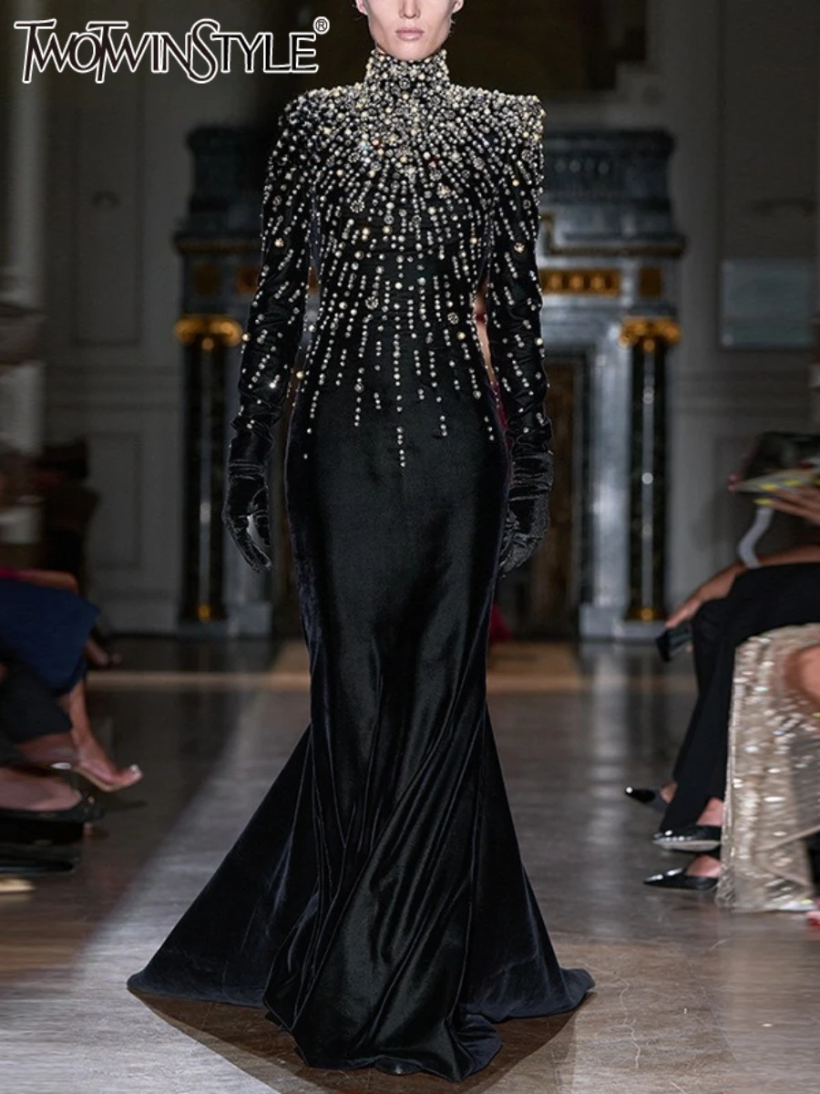 kf-S6dbab0ae792c4ddaa38e24efe96f34a8H TWOTWINSTYLE Solid Slimming Fashion Midi Dresses for Women High Neck Long Sleeves Patchwork Diamonds Elegant Dress Female New - Image 1