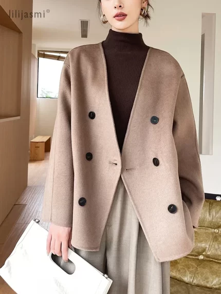 Women 100 Wool Tops Coat Fashion V-neck Short Coats Woolen Jacket Hand Sewing Autumn Winter Wool Blazer Double-Breasted #22