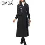 QMQA Fashion Women's Trench Solid Heavy Industry Sequine Splice Lapel Long Sleeve Double Breasted Elegant Windbreaker 1A113
