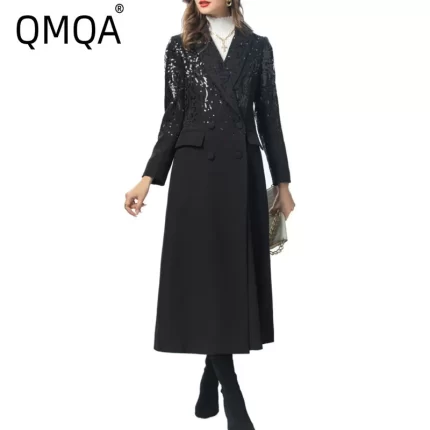 QMQA Fashion Women's Trench Solid Heavy Industry Sequine Splice Lapel Long Sleeve Double Breasted Elegant Windbreaker 1A113