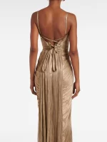 Fashion Bronzing Chest Wrapping Halter Evening Dress Elegant High Waist Sleeveless Pleated Banquet Dress Summer New Tie Up Dress