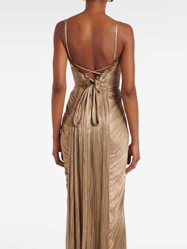 kf-S705c3609a78b4ba98e14acd7f9baef10O Fashion Bronzing Chest Wrapping Halter Evening Dress Elegant High Waist Sleeveless Pleated Banquet Dress Summer New Tie Up Dress - Image 1