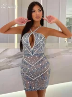 VC Dazzling Sequin Crystal Strap Sleeveless Cut Out Design Mini Dress for Party Fashion Event Gown