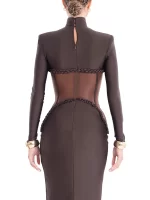 Luxury Sheer Corset Brown Long Dresses for Women – Long Sleeve High Neck See Through Bodycon Maxi Dress with Mesh Waist Detail - Image 3