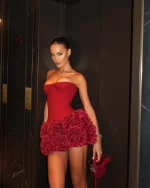 VC Christmas Dress Strapless Backless Red Structured Floral Embellished Mini Length Bodycon Celebrity Party Cocktail Dress - Image 2
