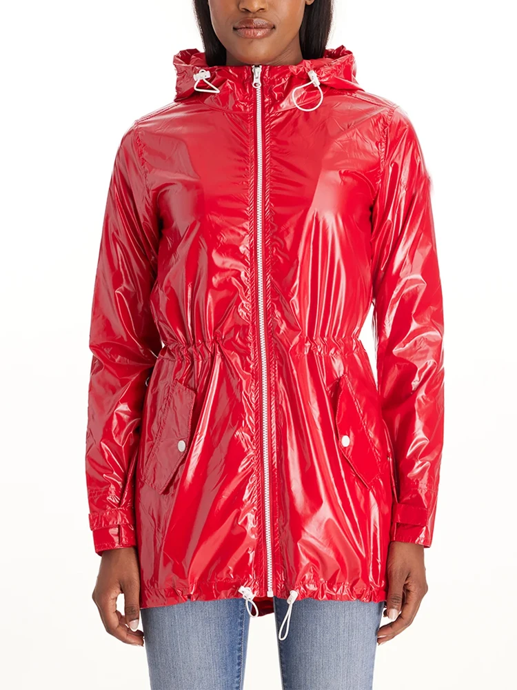kf-S72f38953a7af4fdfb773c5e9d0e08005m Shiny Patent Leather Hooded Trench Women Faux Latex Chic Loose PVC Long Coat with Pocket Long Sleeve Overcoat Stretch PU Outwear - Image 1