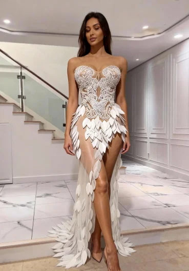 White Elegance Strapless Maxi Long Dress Women Sexy Mesh Transparent Birthday Evening Party Photo Shoot Wedding Clothing