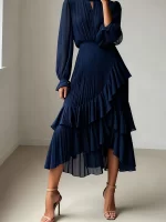 Casual O-neck Ruffles High Waist Evening Dress Temperament Solid Color Lantern Sleeve Lady Dress Elegant Hollow Out Party Dress - Image 3